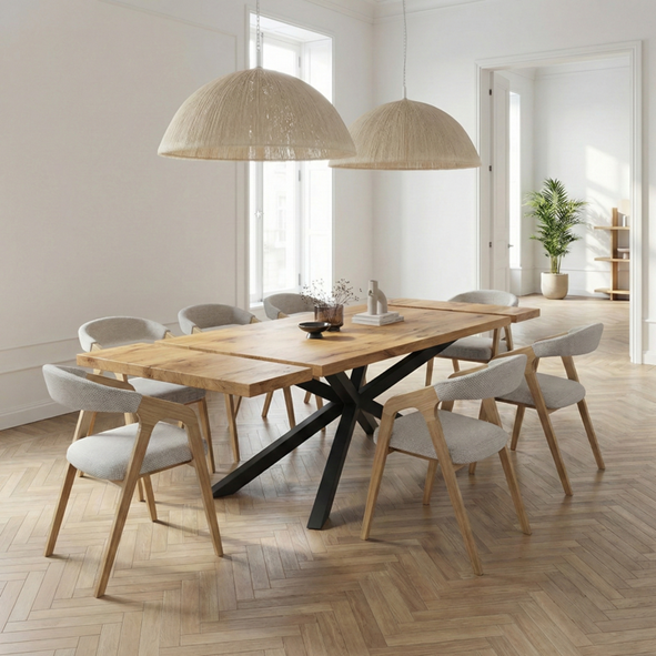 Solid oak extendable Bespoke oak dining table with a spider steel base in a modern dining room setting.