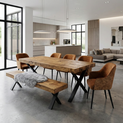 Boston Dining Table Industrial X Frame Steel Legs Rustic Wood – Handmade