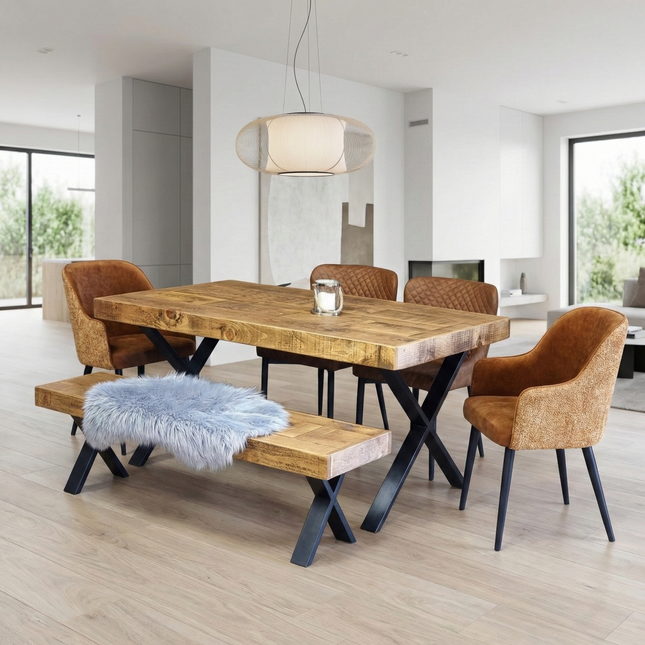 Boston Dining Table Industrial X Frame Steel Legs Rustic Wood – Handmade