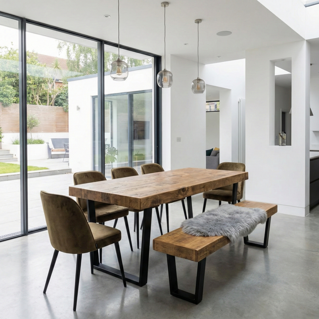 Boston Dining Table Industrial  V Frame Steel Legs Rustic Wood – Handmade