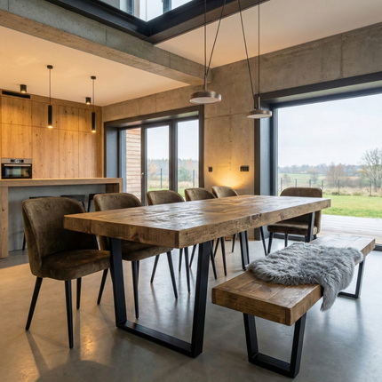 Boston Dining Table Industrial  V Frame Steel Legs Rustic Wood – Handmade