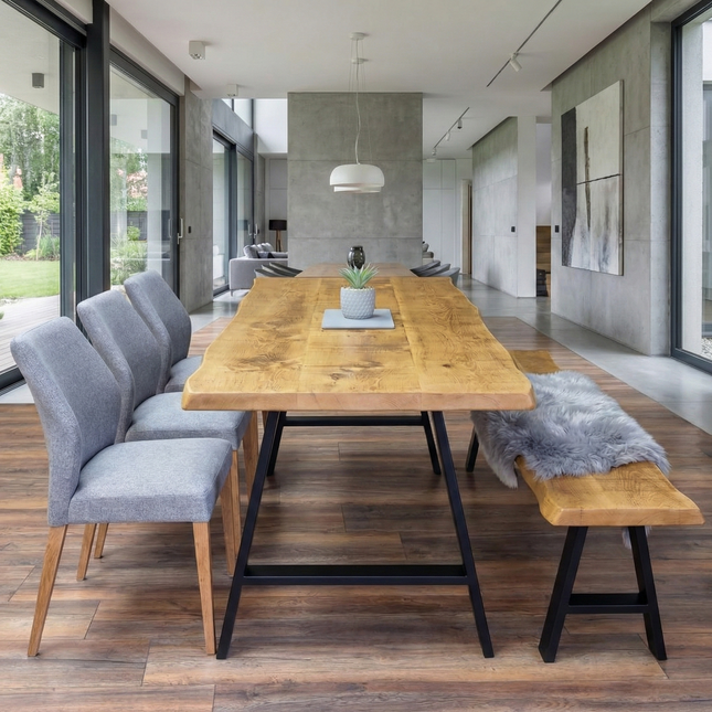 Live Edge Rustic Dining Table with A Frame Steel Legs Cotswold