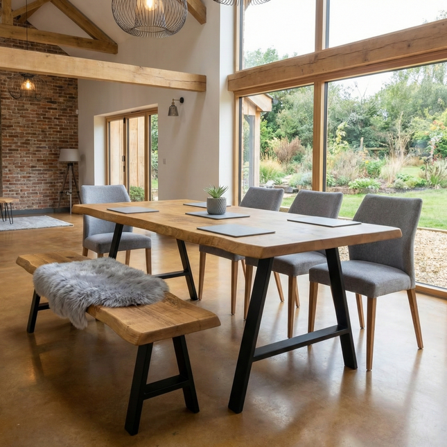 Live Edge Rustic Dining Table with A Frame Steel Legs Cotswold