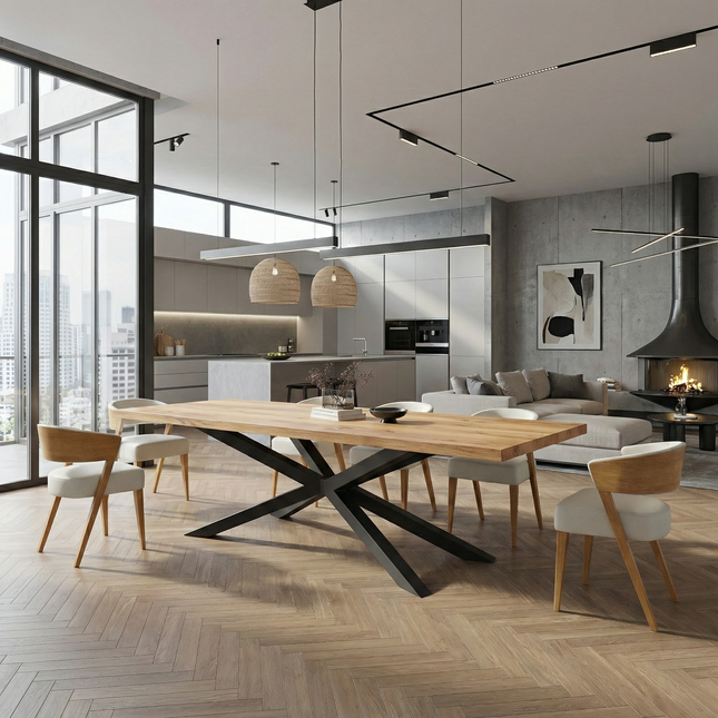 Oak Modern Dining Table Spider Stel Base
