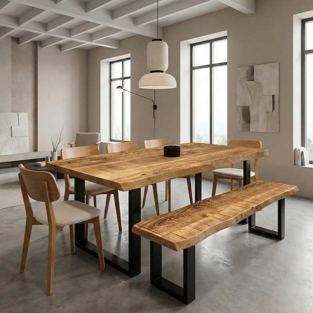 Live Edge Rustic Dining Table with Square Frame Steel Legs Cotswold