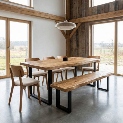 Live Edge Rustic Dining Table with Square Frame Steel Legs Cotswold