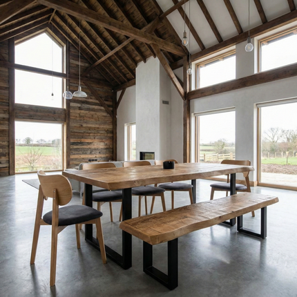 Live Edge Rustic Dining Table with Square Frame Steel Legs Cotswold