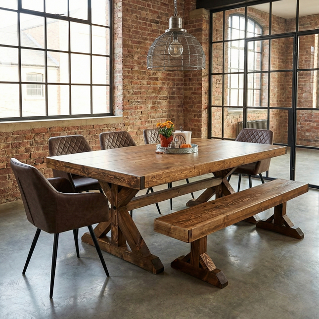 Rustic Farmhouse Clifford Dining Table – Handmade Kitchen Table X Wooden Base