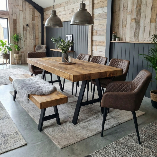 Boston Dining Table A Frame Steel Legs Industrial Rustic Wood