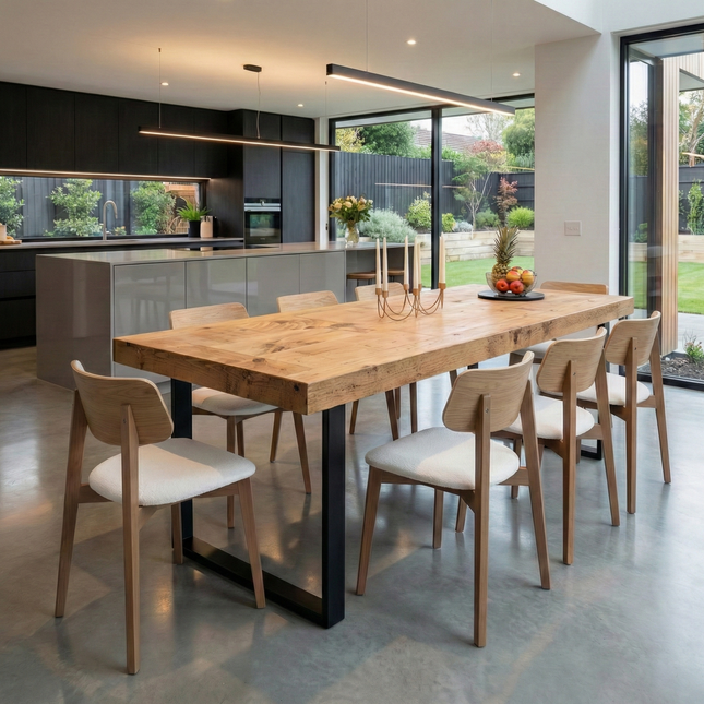 Boston Dining Table Industrial Square Frame Steel Legs  Rustic Wood – Handmade