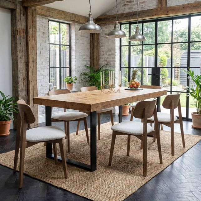 Boston Dining Table Industrial Square Frame Steel Legs  Rustic Wood – Handmade