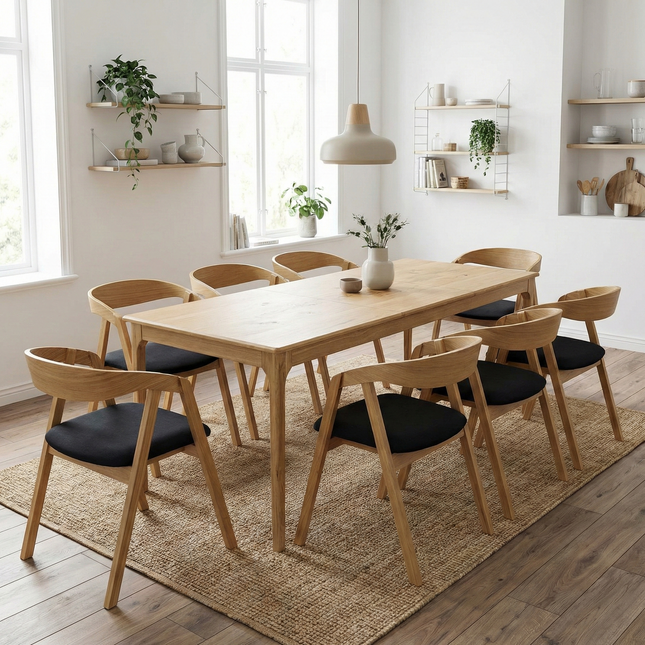 SET - Peebls Extendable Solid Oak Dining Table 180x90cm plus 1x60cm and 8 Oak Aby Dining Chairs