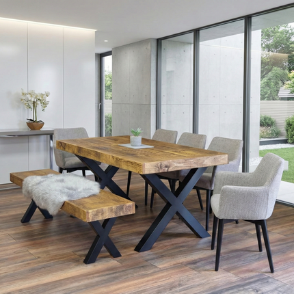 Farmer Rustic Dining Table Chunky Metal Legs