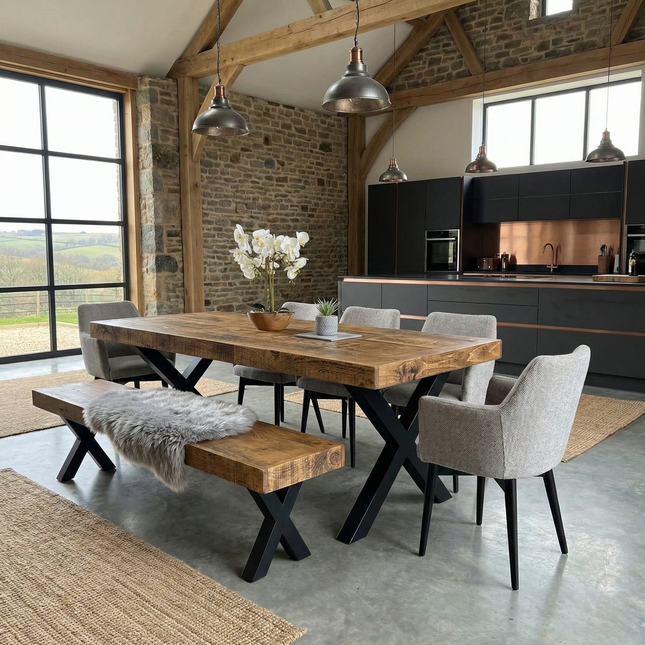 Farmer Rustic Dining Table Chunky Metal Legs
