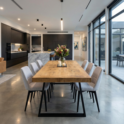 Boston  Dining Table Industrial  Trapezium Frame Steel Legs Rustic Wood – Handmade