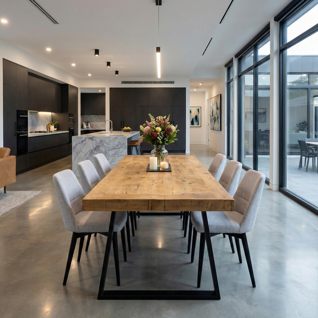 Boston  Dining Table Industrial  Trapezium Frame Steel Legs Rustic Wood – Handmade