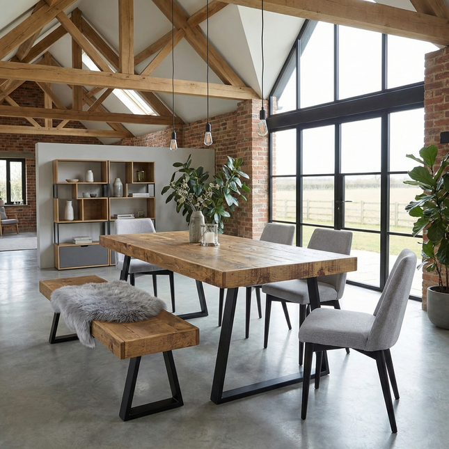 Boston  Dining Table Industrial  Trapezium Frame Steel Legs Rustic Wood – Handmade