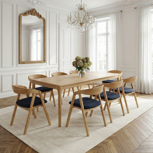SET - Peebls Extendable Solid Oak Dining Table 180x90cm plus 1x60cm and 8 Oak Aby Dining Chairs