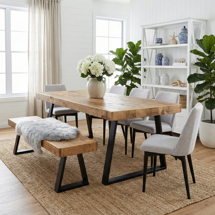 Boston  Dining Table Industrial  Trapezium Frame Steel Legs Rustic Wood – Handmade