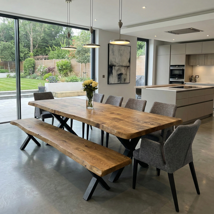 SET Firsby  -   Live Edge Dining Table/ Firsby Live Edge Bench/ Chairs Alto with Armrest