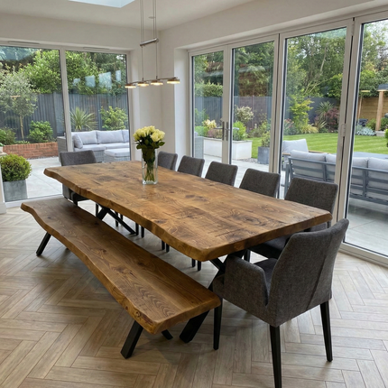 Live Edge Rustic Dining Table with X Frame Steel Legs Cotswold