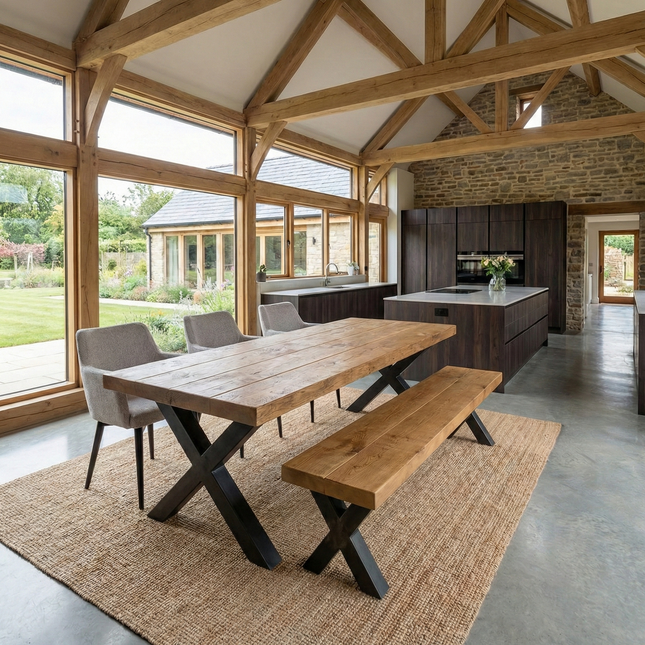 Industrial Dining Table 3″ Rustic Wood – Handmade  Farmhouse - Chunky Metal Legs