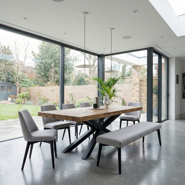 3 INCH Spider Dining Table Rustic Solid Wood Straight Edge Dining Table Spider Steel Base