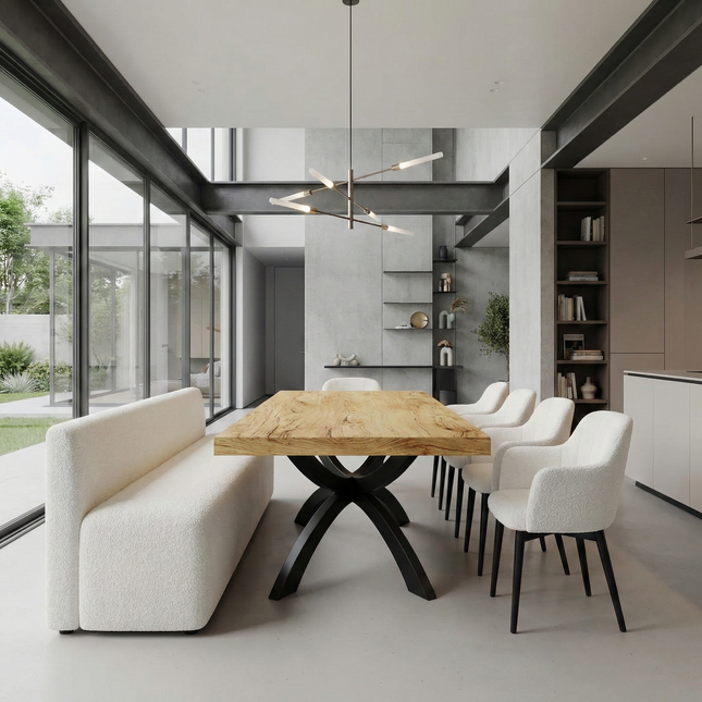 3 INCH Prism Dining Table Rustic Solid Wood Straight Edge Dining Table Prism Steel Base