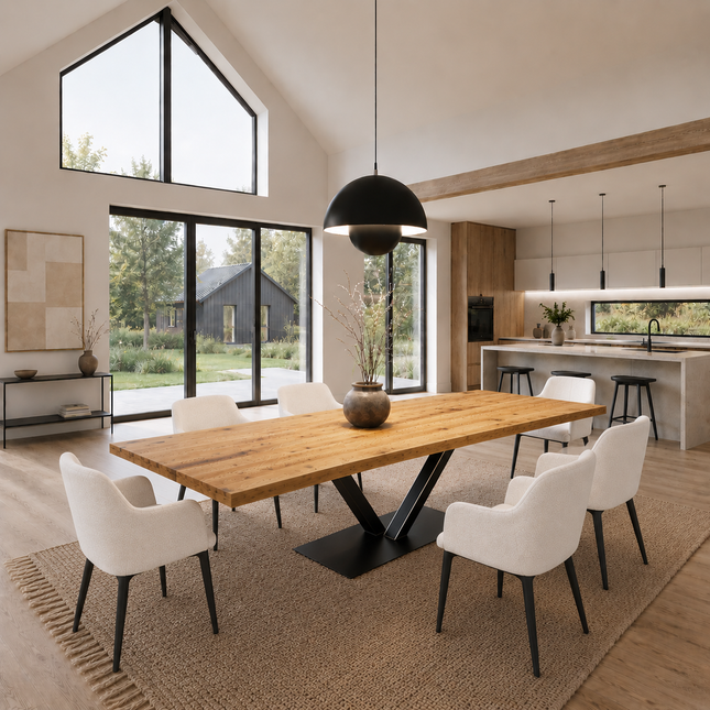 Brigg Straight Edge Dining Table Rustic Solid Wood  V Steel Base
