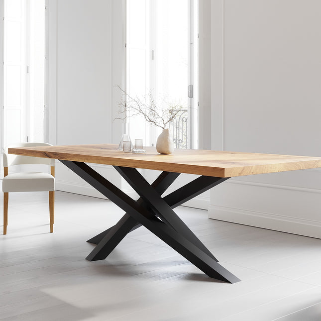 Solid Oak Dining Table with Crossover Steel Base – DURABLE HARDWOOD CLAR 081