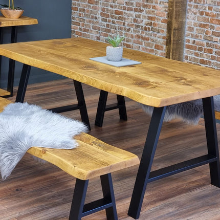Live Edge Rustic Dining Table with A Frame Steel Legs Cotswold