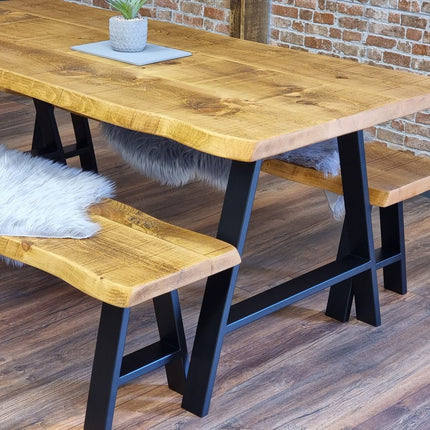 Live Edge Rustic Dining Table with A Frame Steel Legs Cotswold