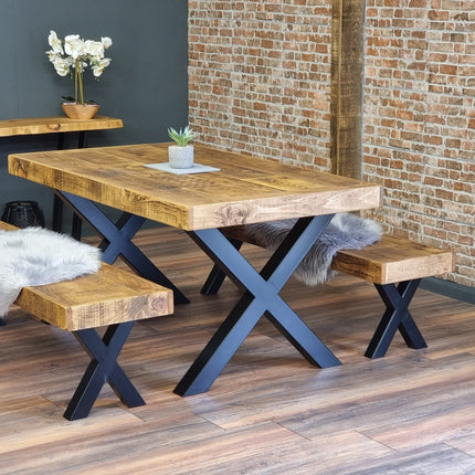 Farmer Rustic Dining Table Chunky Metal Legs
