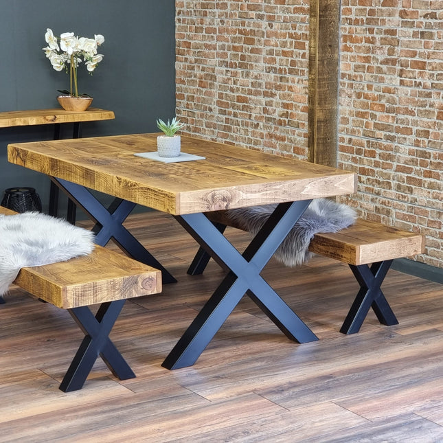 Farmer Rustic Dining Table Chunky Metal Legs