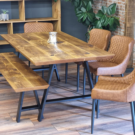 Louth Dining Table Industrial Rustic Wood Angle Cut Edge A Frame Metal Legs Cotswold