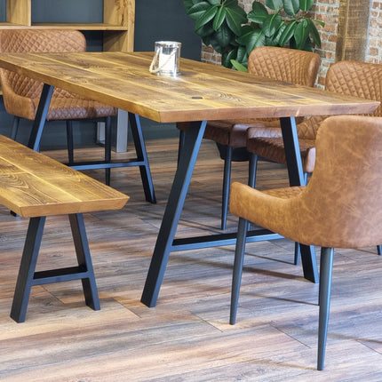 Louth Dining Table Industrial Rustic Wood Angle Cut Edge A Frame Metal Legs Cotswold