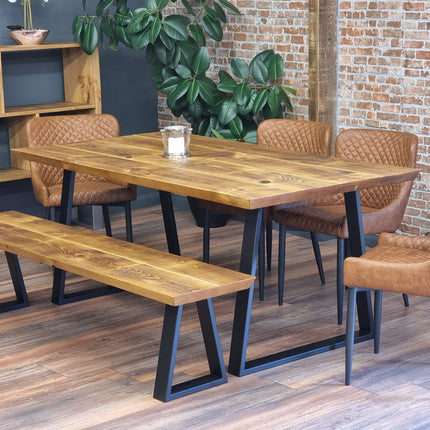 Louth Dining Table Industrial Rustic Wood Angle Cut Edge Trapezium Frame Metal Legs Cotswold
