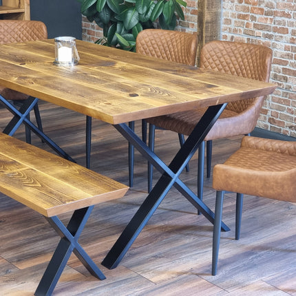 Louth Dining Table Industrial Rustic Wood Angle Cut Edge X Frame Metal Legs Cotswold