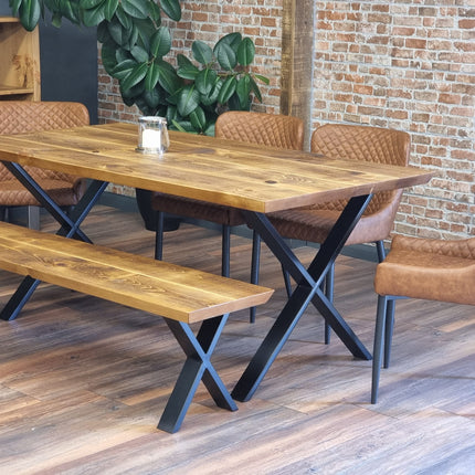 Louth Dining Table Industrial Rustic Wood Angle Cut Edge X Frame Metal Legs Cotswold