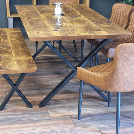 Louth Dining Table Industrial Rustic Wood Angle Cut Edge X Frame Metal Legs Cotswold