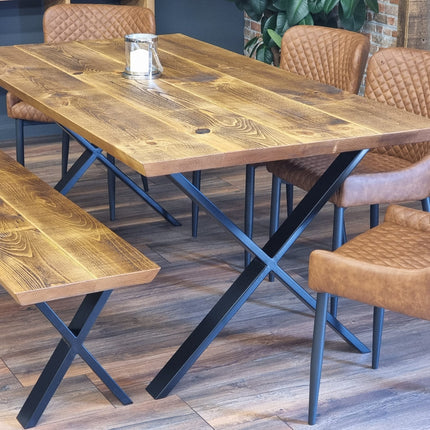 Louth Dining Table Industrial Rustic Wood Angle Cut Edge X Frame Metal Legs Cotswold