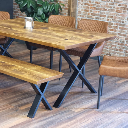 Louth Dining Table Industrial Rustic Wood Angle Cut Edge X Frame Metal Legs Cotswold