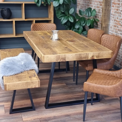 SET Boston Dining Table Trapezium Frame Legs Table 180x91cm with 150x41cm Bench with 4 Chairs