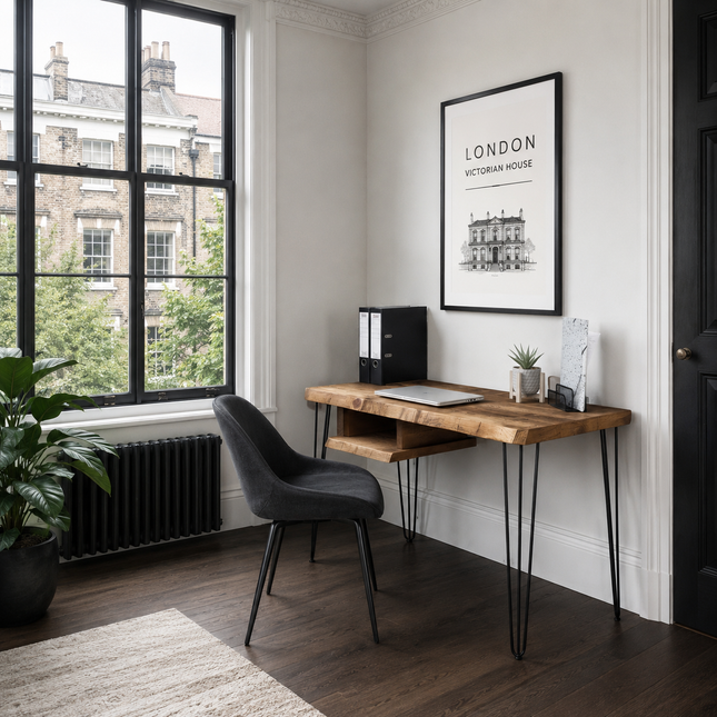 Firsby Live Edge Desk with Shelf Industrial Metal Legs 40mm Thick Rustic Wood