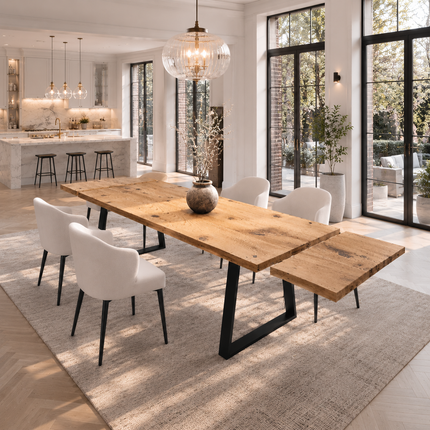 Brigg Dining Table Straight Edge Extendable 2Side Dining Table Kitchen Industrial Rustic Wood, TRAPEZIUM Steel Legs