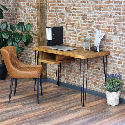 Live Edge Desk with Shelf Industrial Metal Legs 40mm Thick Rustic Wood