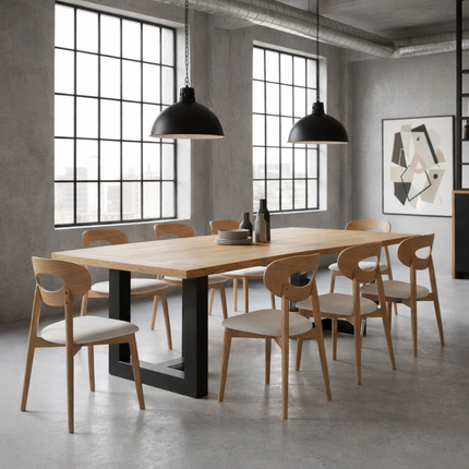 Solid Oak Chamfered Edge Dining Table with a Steel Black Base 053