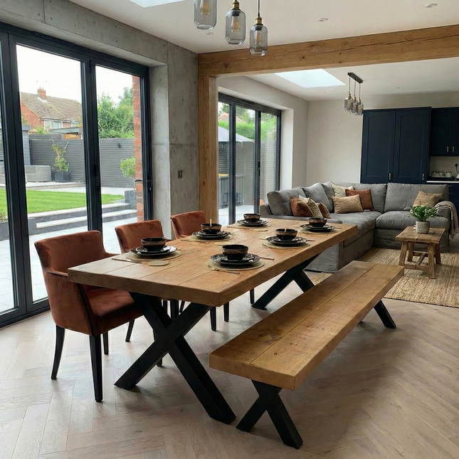 Industrial Dining Table 3″ Rustic Wood – Handmade  Farmhouse - Chunky Metal Legs