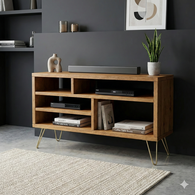 Industrial TV Stand With Shelf Rustic Solid Wood Furniture Vintage Retro Style Cabinet Reclaimed Large Wooden Media Storage Unit 2011