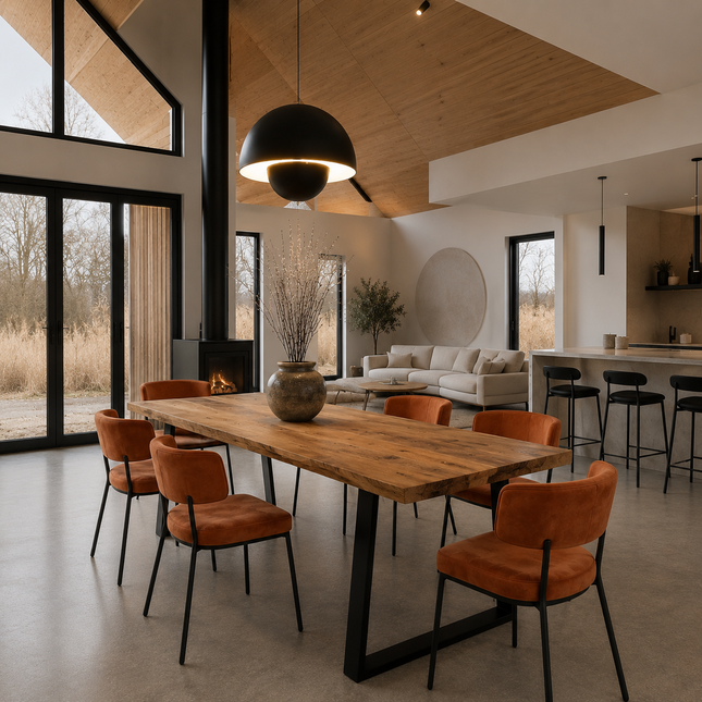 Brigg Straight Edge Rustic Dining Table Steel Trapezium Frame Legs